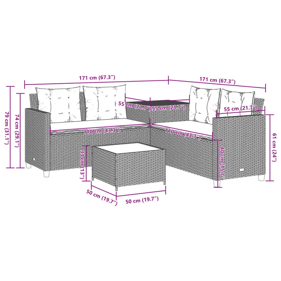 Canapé de jardin avec table et coussins en forme de L noir - 12