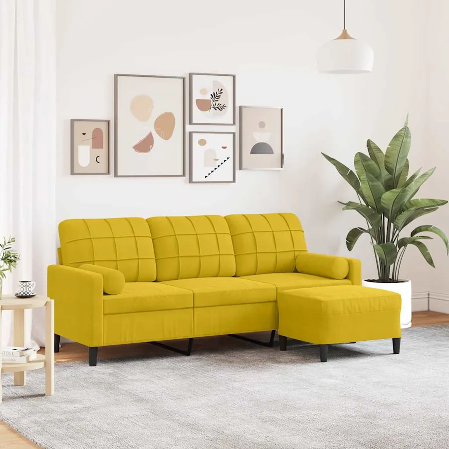 Canapé à 3 places avec repose-pieds jaune 180 cm velours