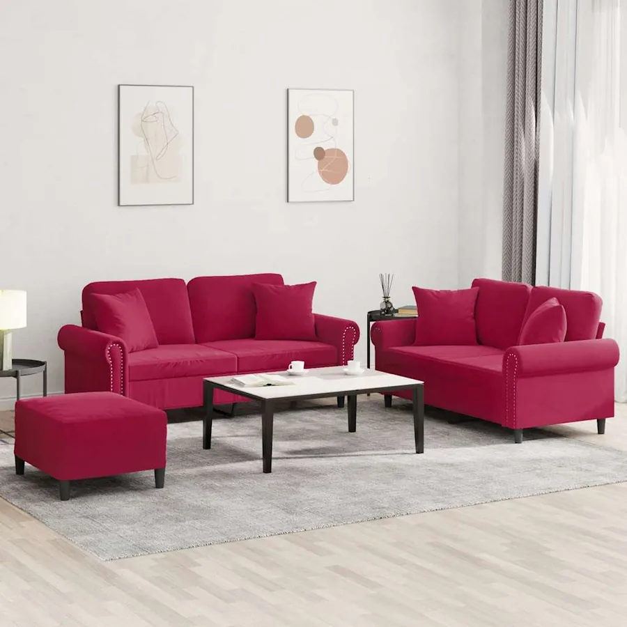 Ensemble de canapés 3 pcs avec coussins rouge bordeaux velours