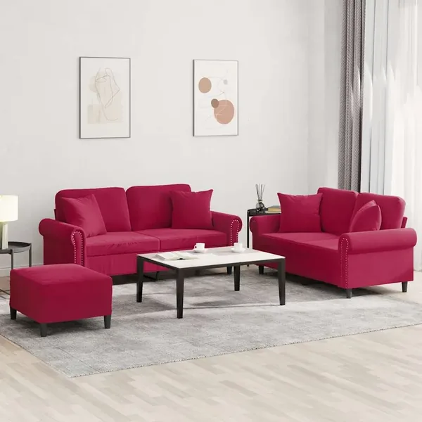 Ensemble de canapés 3 pcs avec coussins rouge bordeaux velours