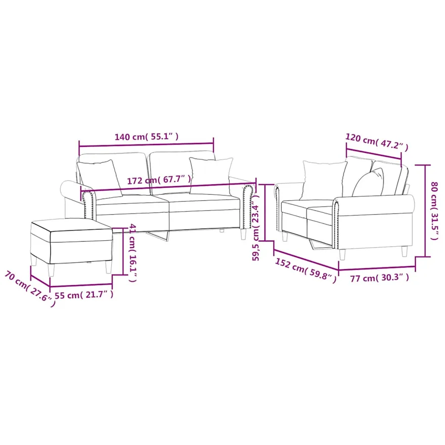 Ensemble de canapés 3 pcs avec coussins rouge bordeaux velours - 10