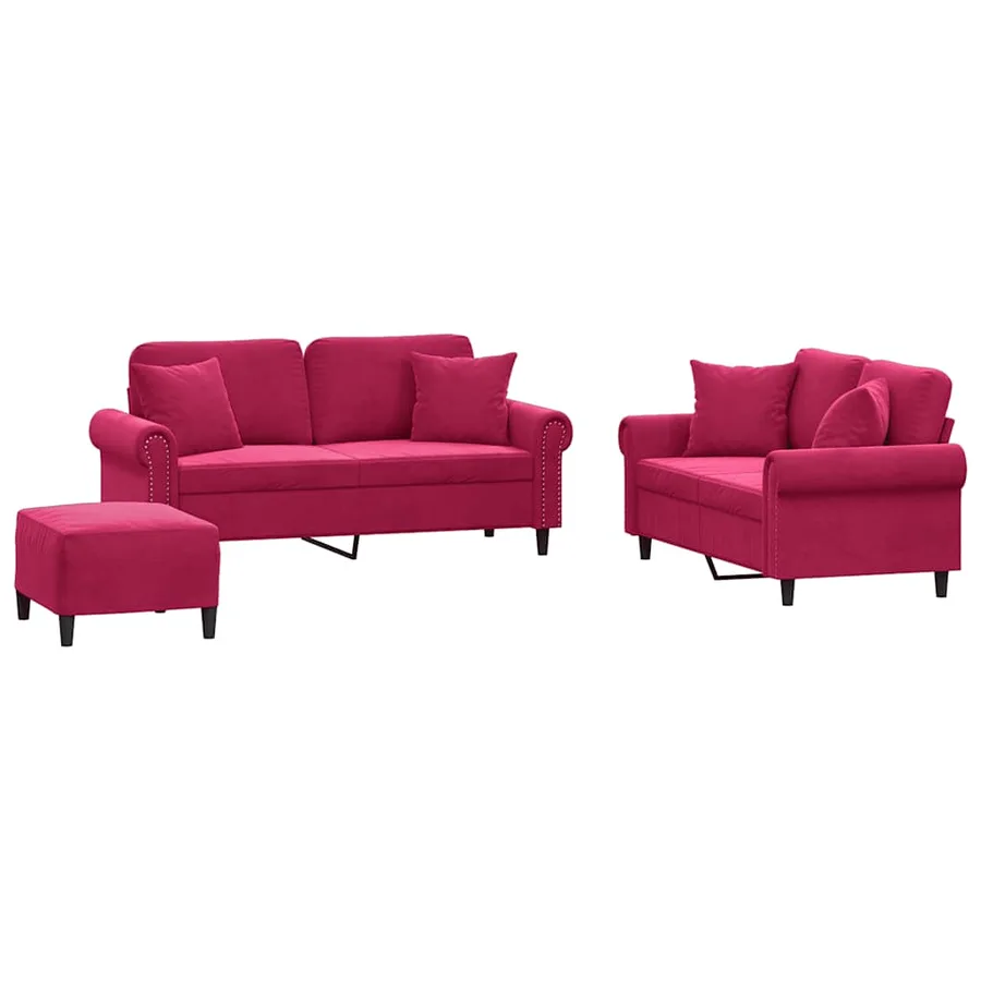 Ensemble de canapés 3 pcs avec coussins rouge bordeaux velours - 2