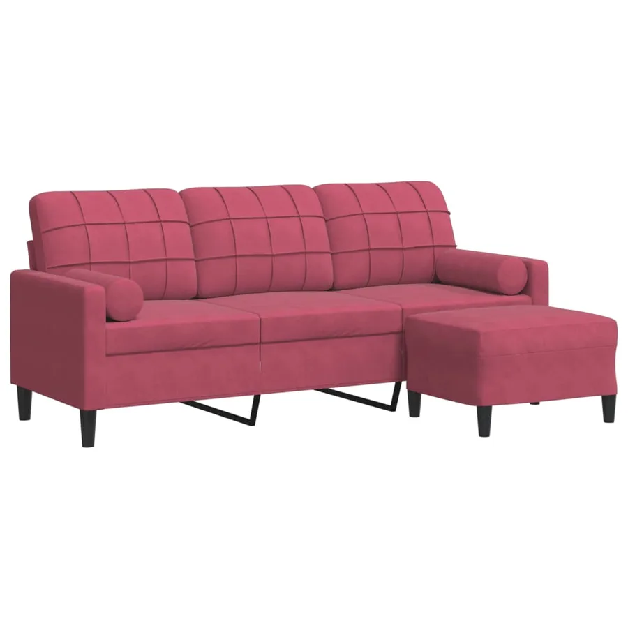 Canapé à 3 places et repose-pieds Rouge bordeaux 180 cm Velours - 2