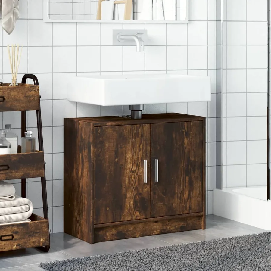 Armoire de lavabo chêne fumé 63x29x55 cm bois d'ingénierie - 3