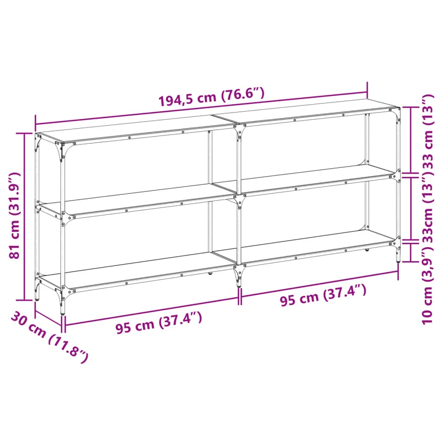 Table console avec dessus en verre noir 194,5x30x81 cm acier - 9