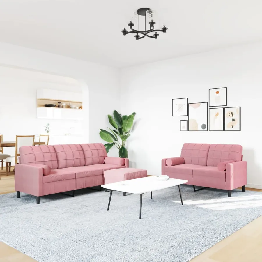 Ensemble de canapés 3pcs et coussins et traversins rose velours - 3