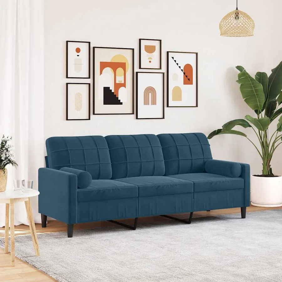 Canapé 3 places avec oreillers décoratifs bleu 180 cm velours