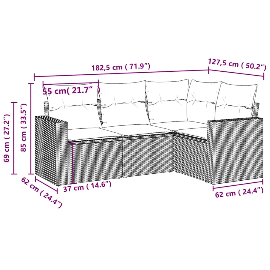 Salon de jardin 4 pcs avec coussins gris clair résine tressée - 3
