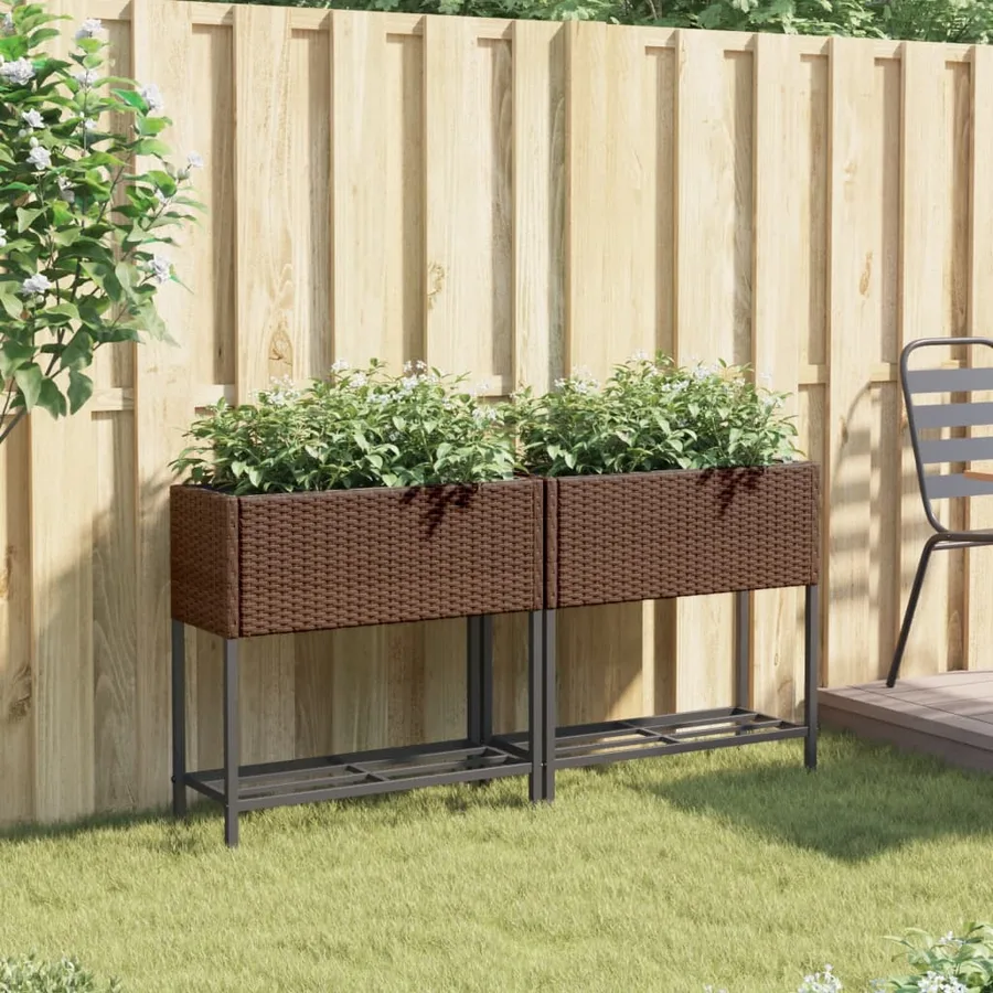 Jardinières avec étagère 2 pcs brun 70x28x70 cm résine tressée - 3