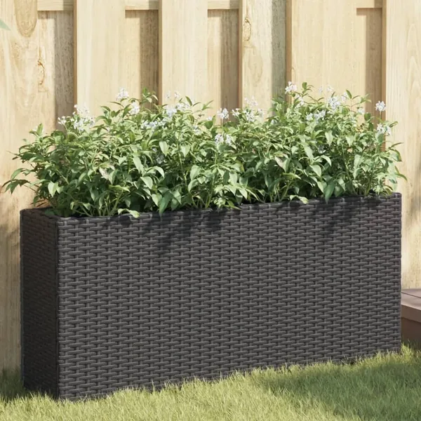 Jardinière avec 2 pots noir 90x20x40 cm résine tressée
