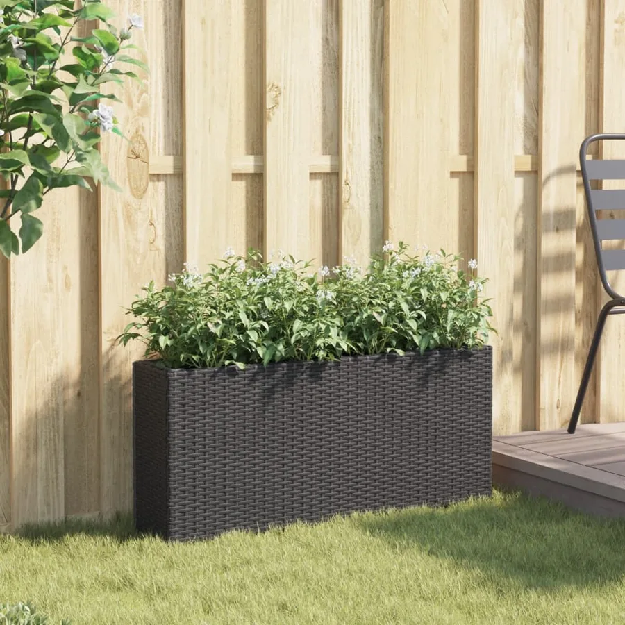 Jardinière avec 2 pots noir 90x20x40 cm résine tressée - 3