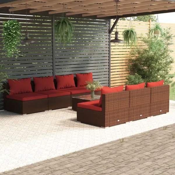Salon de jardin 8 pcs avec coussins résine tressée marron