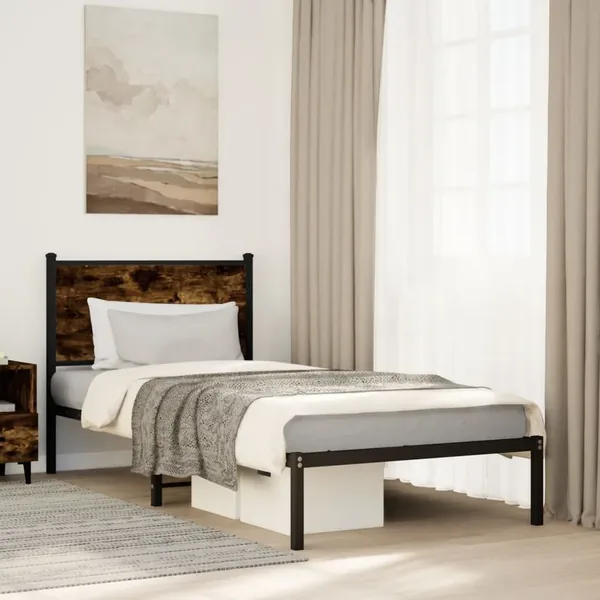 Cadre de lit en métal sans matelas chêne fumé 75x190 cm