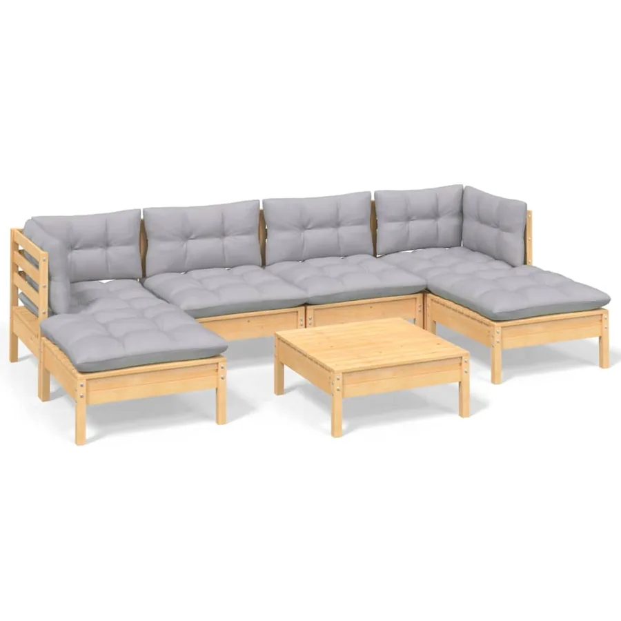 Salon de jardin 7 pcs avec coussins gris bois de pin - 2