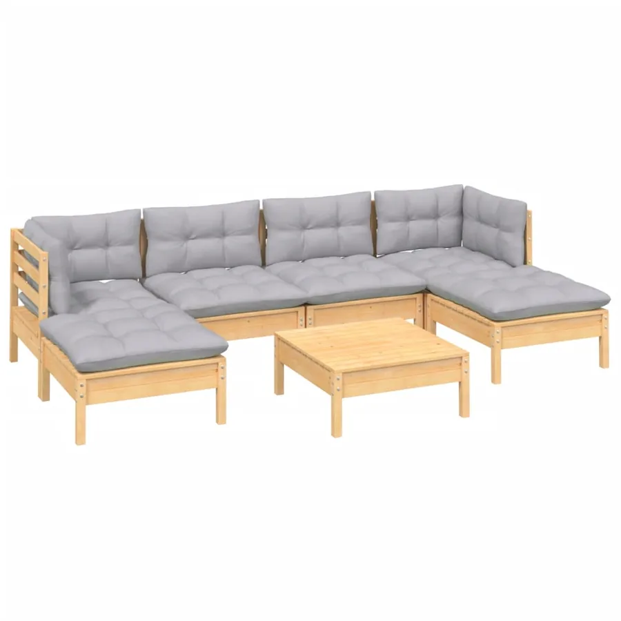 Salon de jardin 7 pcs avec coussins gris bois de pin - 3