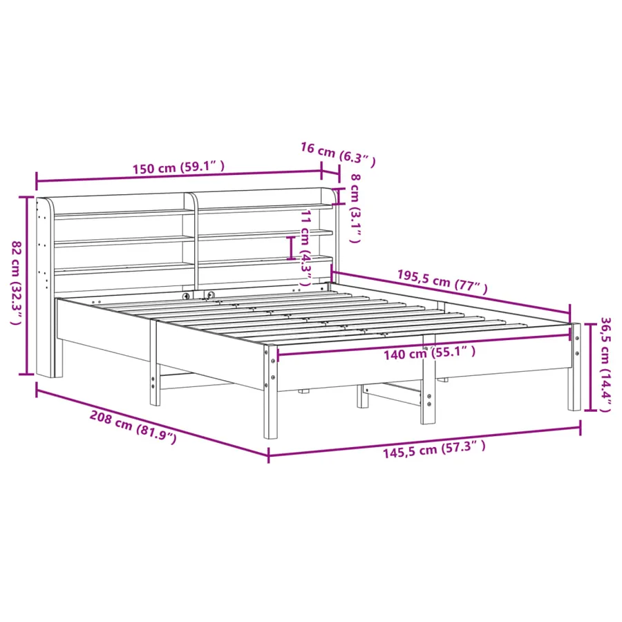 Cadre de lit sans matelas blanc 140x190 cm bois de pin massif - 12