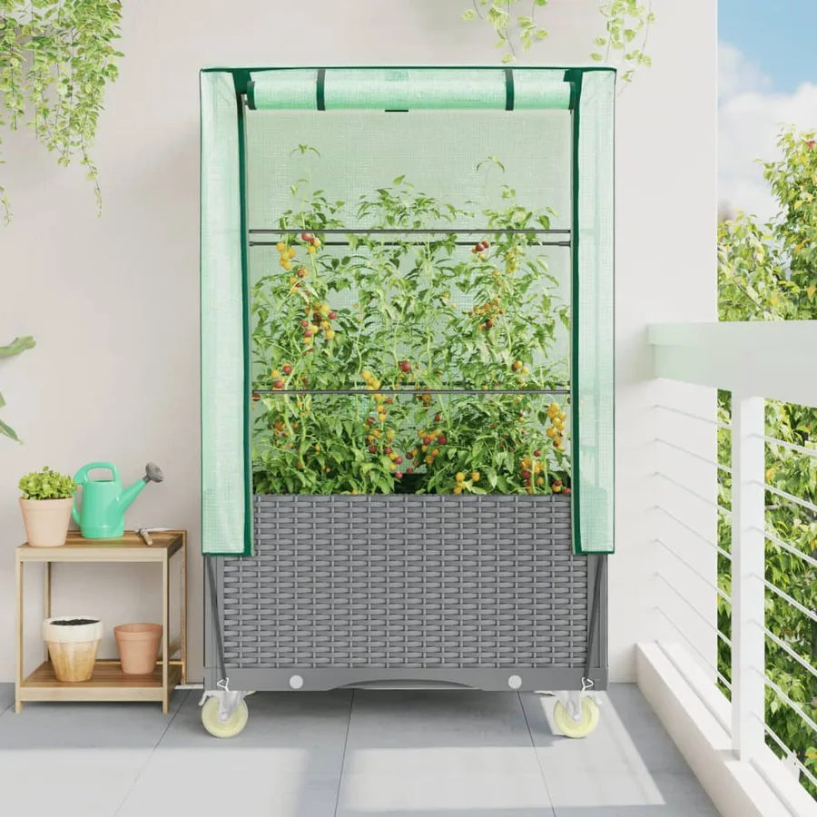 Jardinière surélevée avec housse et roues aspect rotin - 3