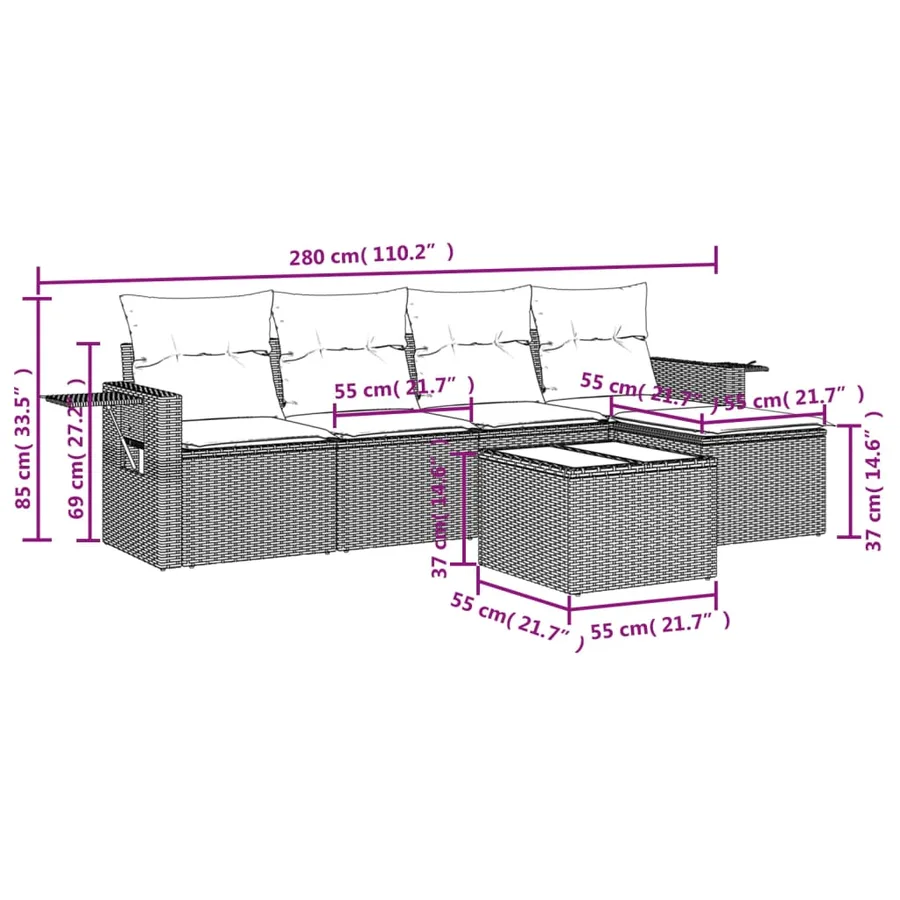 Salon de jardin 6 pcs avec coussins gris clair résine tressée - 3