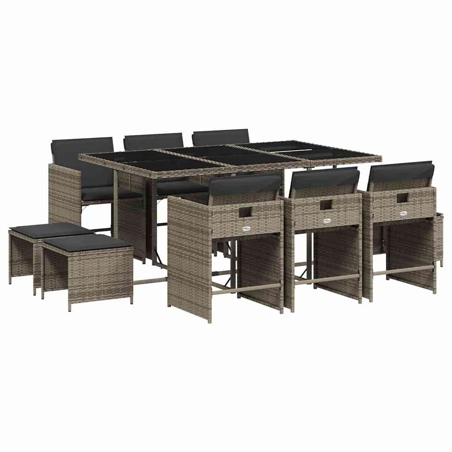 Ensemble à manger de jardin 11pcs avec coussins gris poly rotin - 2
