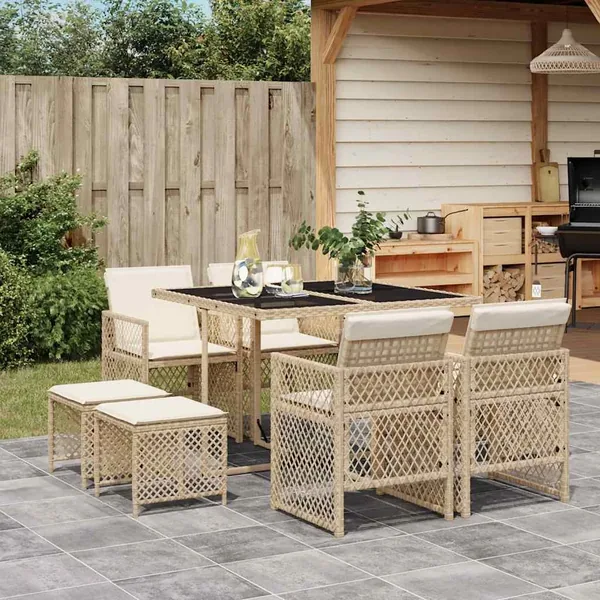 Ensemble à manger de jardin et coussins 9 pcs beige Poly rotin