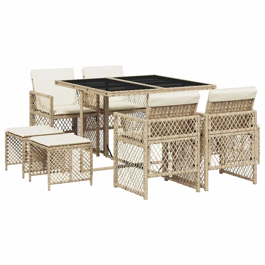 Ensemble à manger de jardin et coussins 9 pcs beige Poly rotin - 2