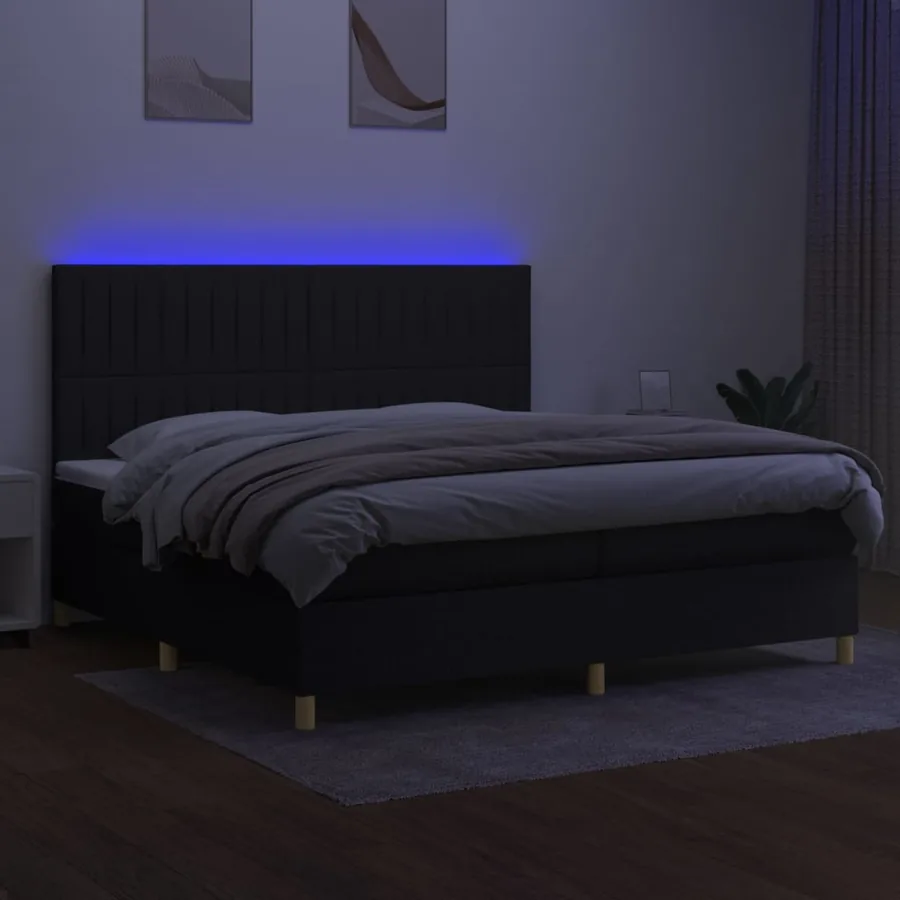 Sommier à lattes de lit et matelas et LED Noir 200x200 cm Tissu - 4