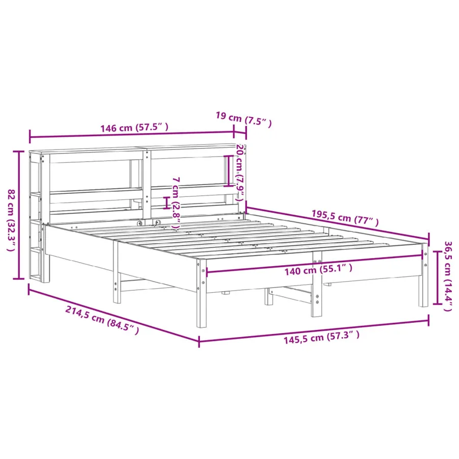 Cadre de lit sans matelas blanc 140x190 cm bois de pin massif - 12