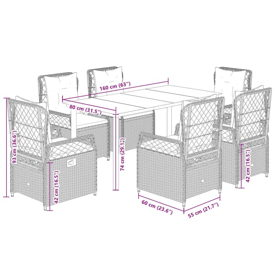 Ensemble à manger de jardin et coussins 7 pcs gris rotin - 8