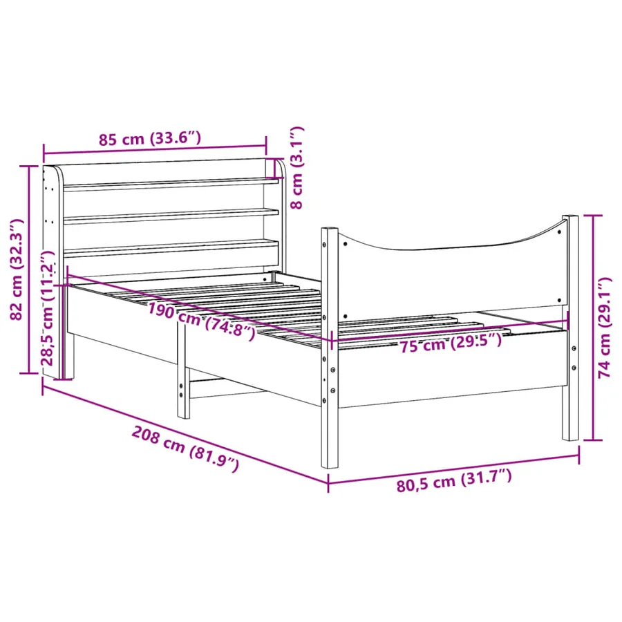 Cadre de lit avec tête de lit 75x190 cm bois de pin massif - 11