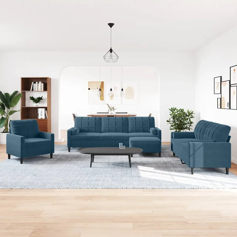 Ensemble de canapés 4pcs et coussins et traversins bleu velours - 3
