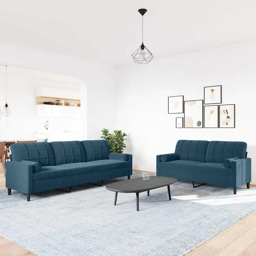 Ensemble de canapés 2pcs et coussins et traversins bleu velours - 3