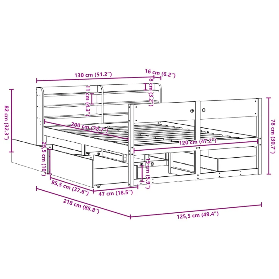Cadre de lit sans matelas blanc 120x200 cm bois de pin massif - 12