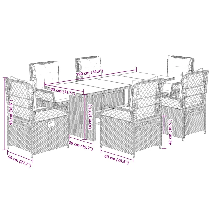 Ensemble à manger de jardin et coussins 7 pcs gris rotin - 8