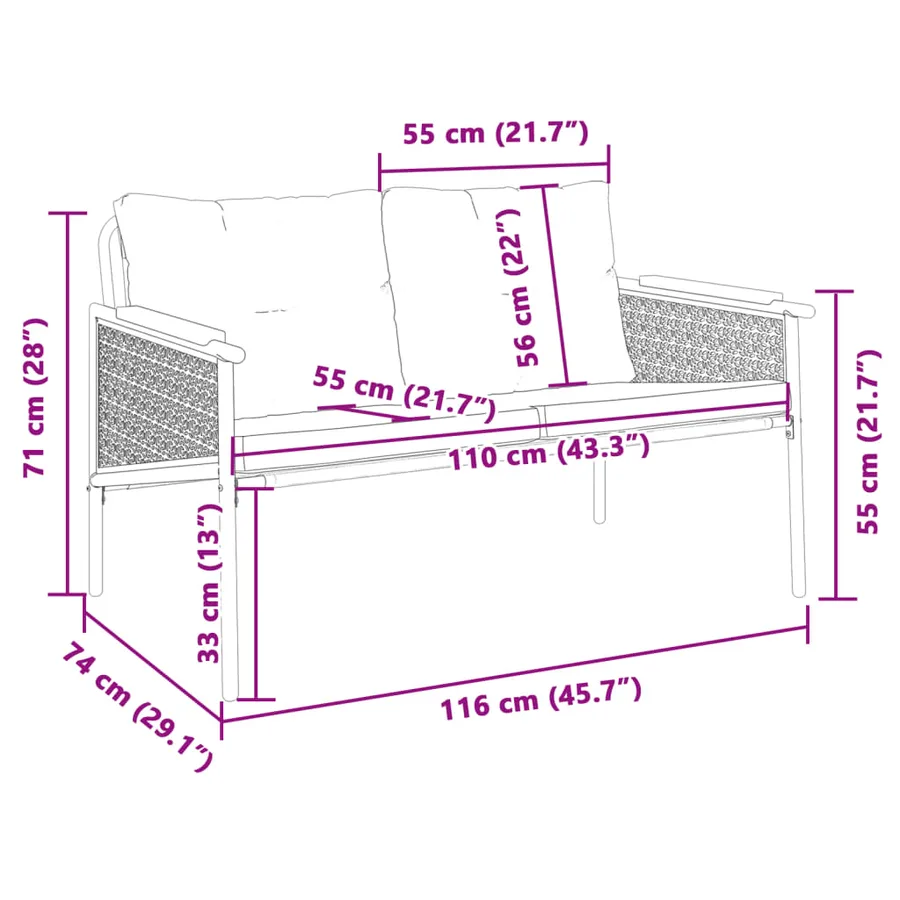 Banc de jardin avec coussins 116 cm noir acier - 9