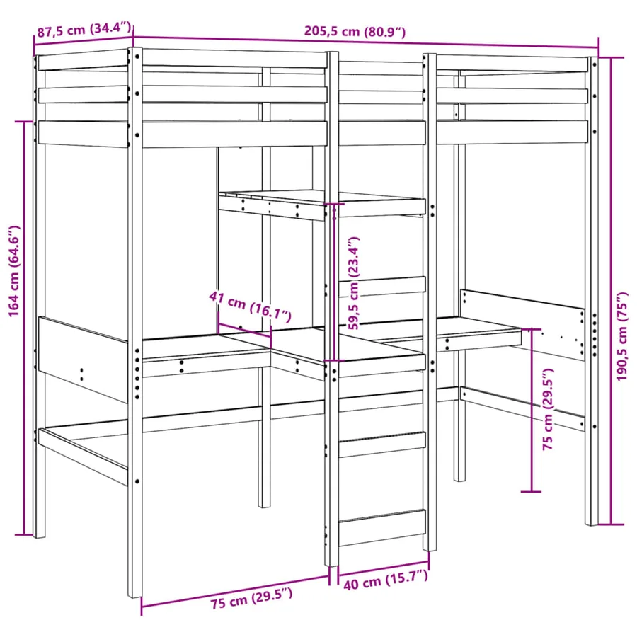 Cadre de lit superposé sans matelas 80x200cm bois massif de pin - 10