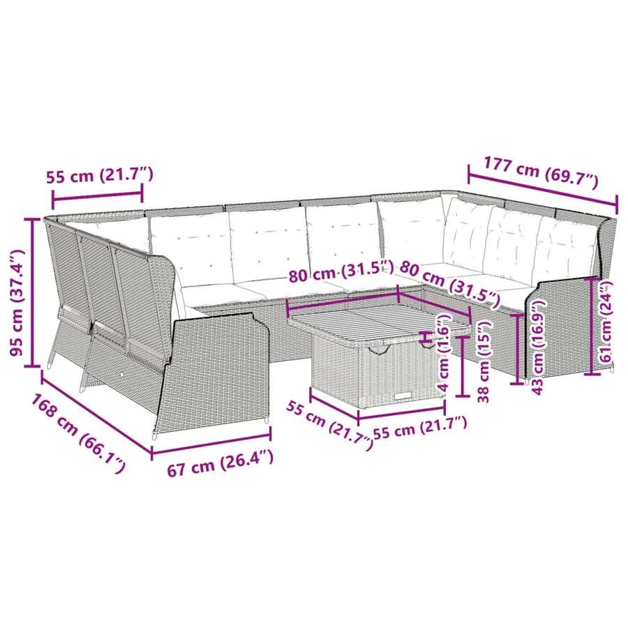 Salon de jardin 7 pcs avec coussins Noir Résine tressée 67 x 67 x 95 cm - 95,6 kg - 13