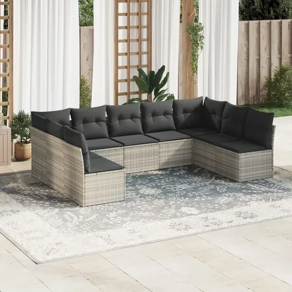 Salon de jardin 9 pcs avec coussins gris clair résine tressée