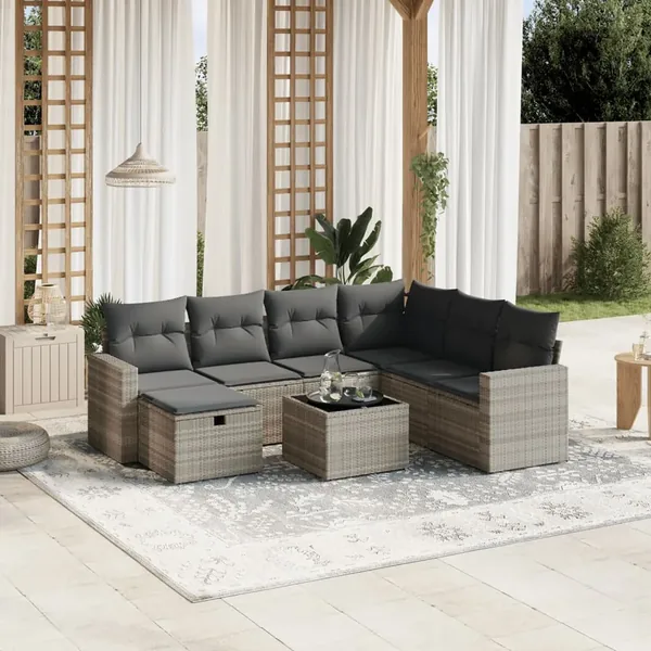 Salon de jardin 8 pcs avec coussins gris clair résine tressée