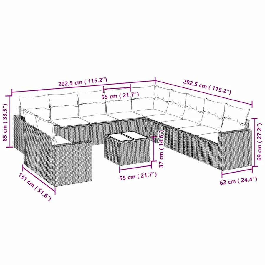 Salon de jardin avec coussins 12 pcs gris clair résine tressée - 3