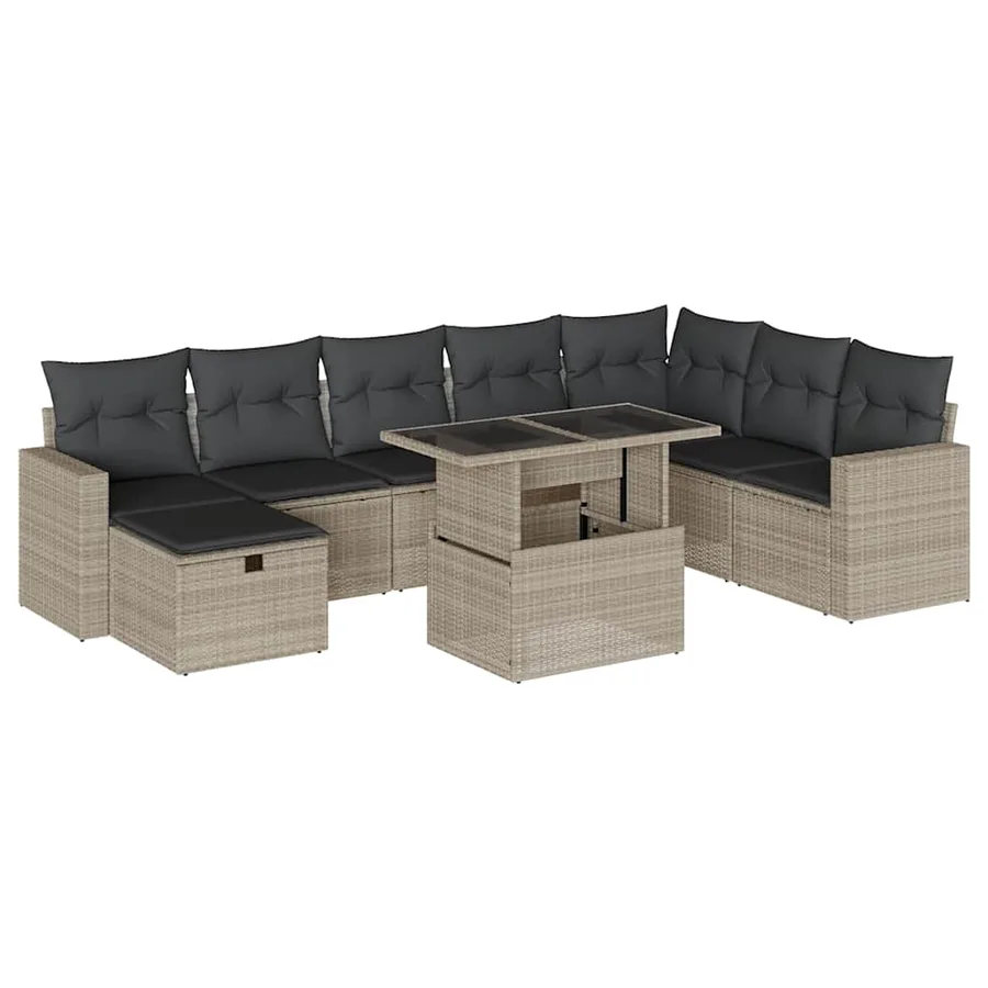 Salon de jardin 9 pcs avec coussins gris clair résine tressée - 2