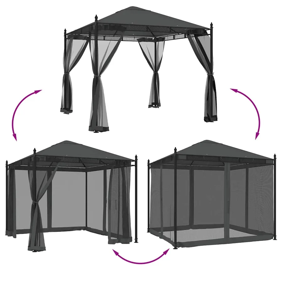 Tonnelle avec parois en filet anthracite 2,93x2,93 m acier - 6