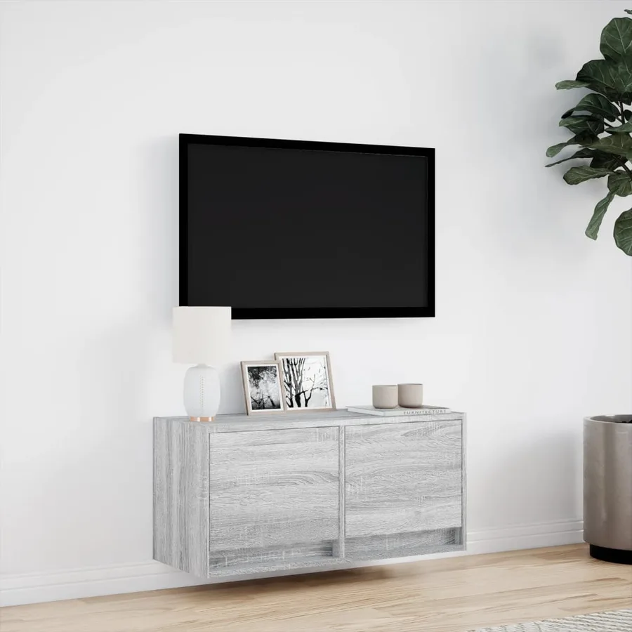 Meuble TV mural avec lumières LED sonoma gris 80x31x35 cm - 4