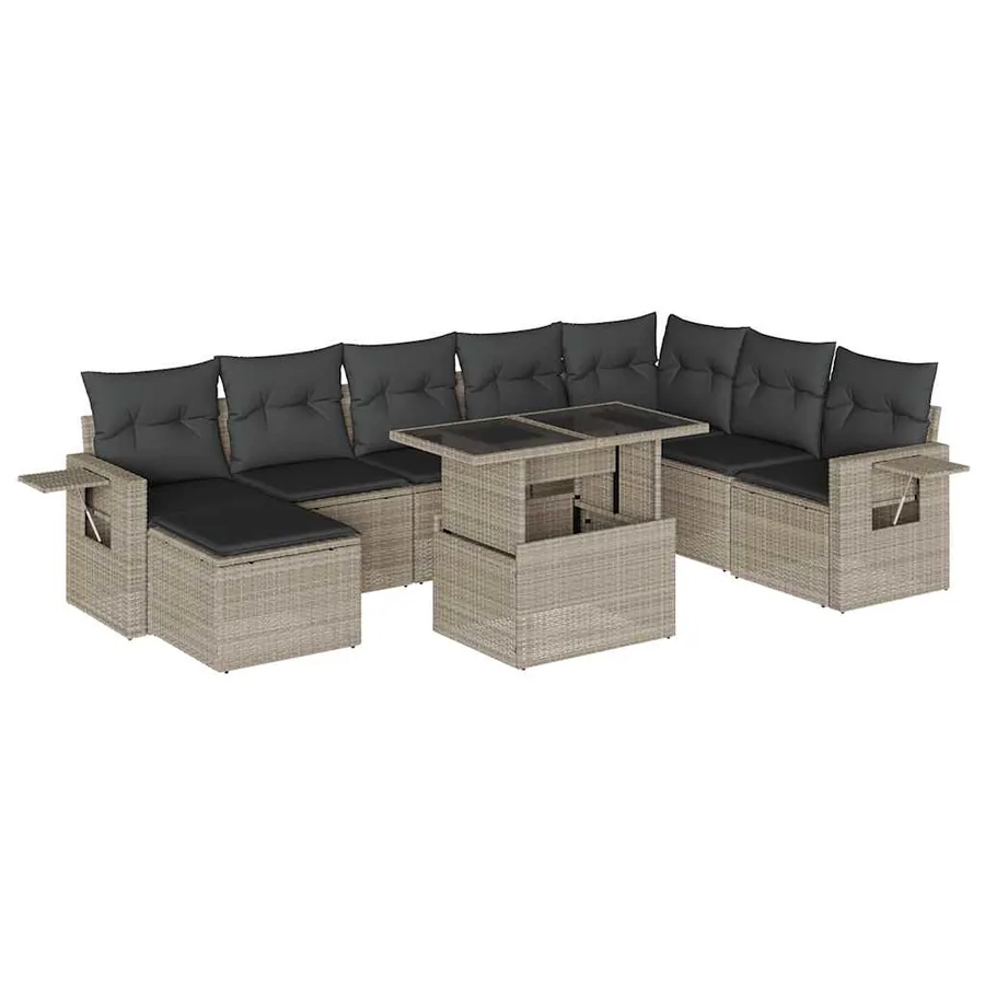 Salon de jardin 9 pcs avec coussins gris clair résine tressée - 2