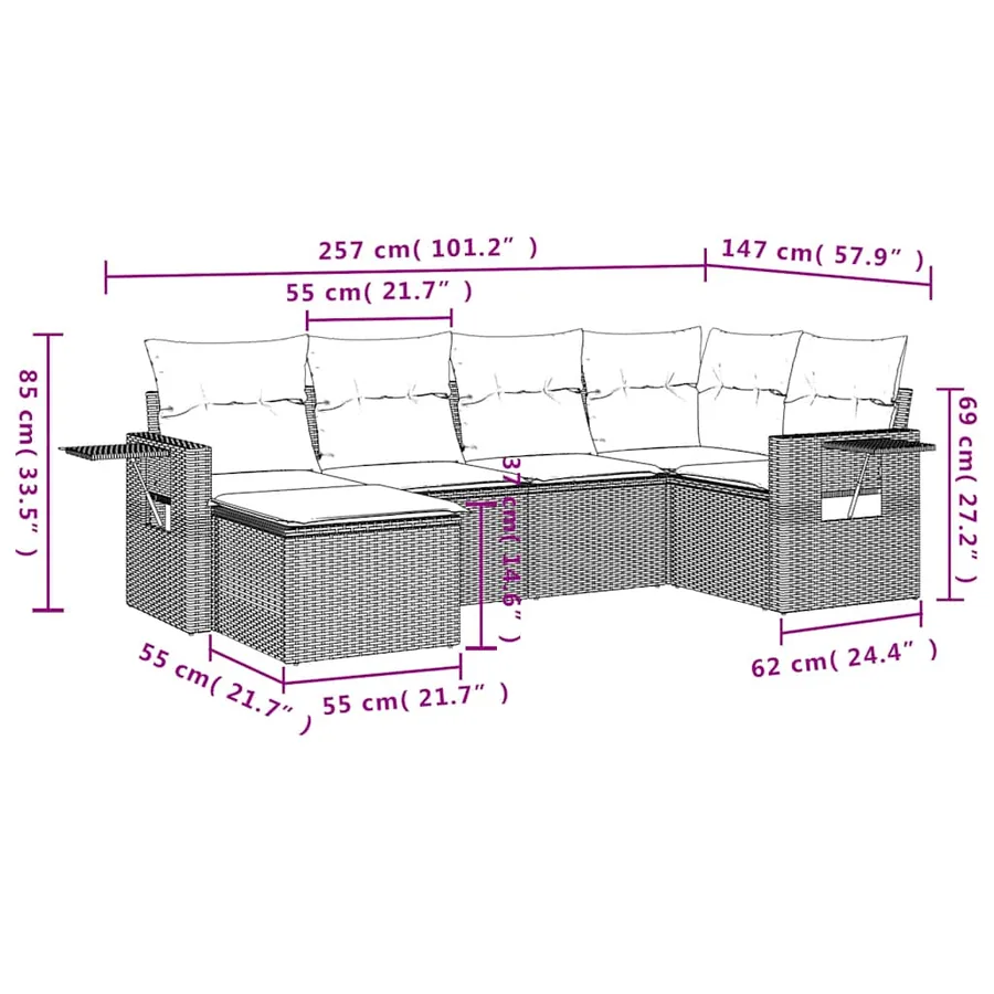 Salon de jardin 6 pcs avec coussins gris clair résine tressée - 9