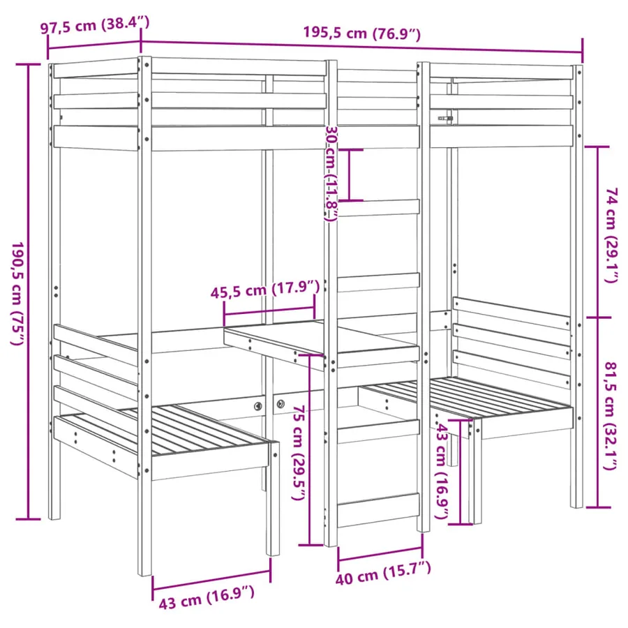 Lit mezzanine avec bureau et chaises 90x190 cm pin massif - 10