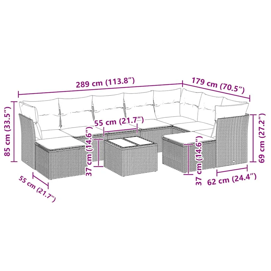Salon de jardin avec coussins 10 pcs gris clair résine tressée - 3