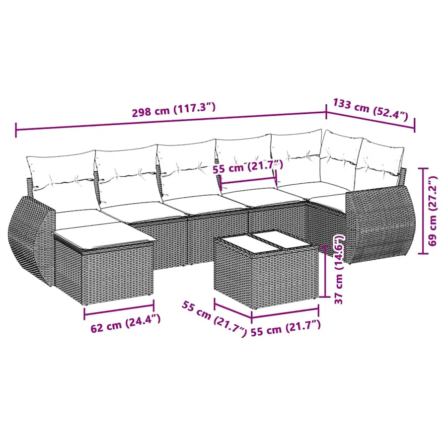Salon de jardin 8 pcs avec coussins gris clair résine tressée - 9