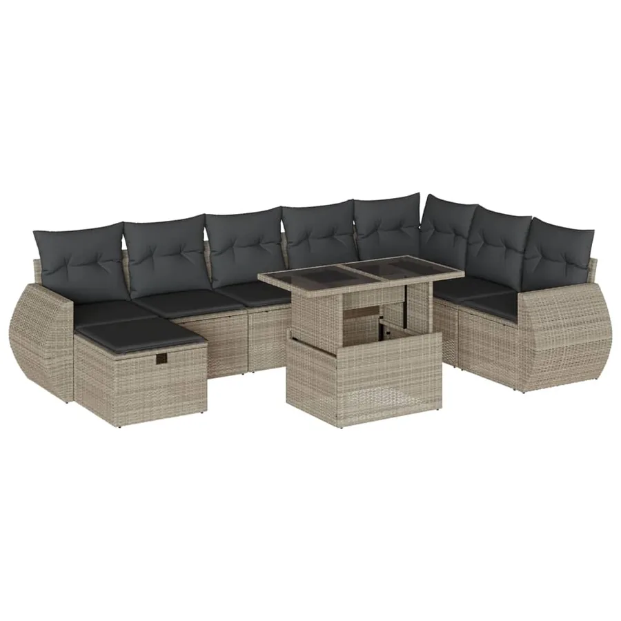 Salon de jardin 9 pcs avec coussins gris clair résine tressée - 2