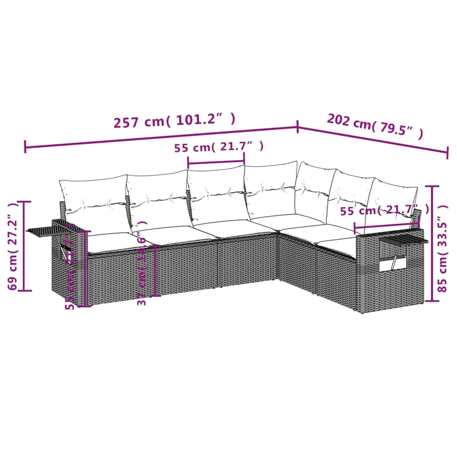 Salon de jardin 6 pcs avec coussins gris clair résine tressée - 3