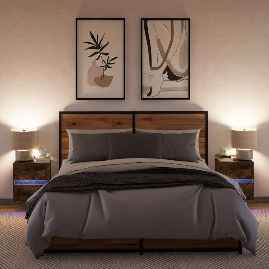Tables de chevet murales avec lumières LED 2 pcs chêne fumé - 3